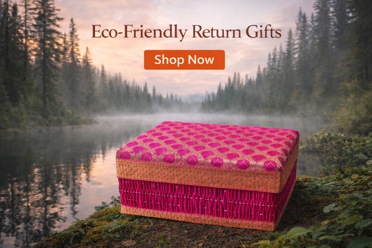 Shop eco-friendly return gifts including river grass boxes, jute bags, and handmade sustainable gift packaging for Indian weddings and celebrations.”