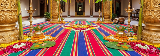 Handwoven jamakalam in traditional Indian wedding setup