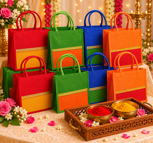 "Traditional thamboolam bags for South Indian weddings displayed with return gifts and festive ceremonial decor"
